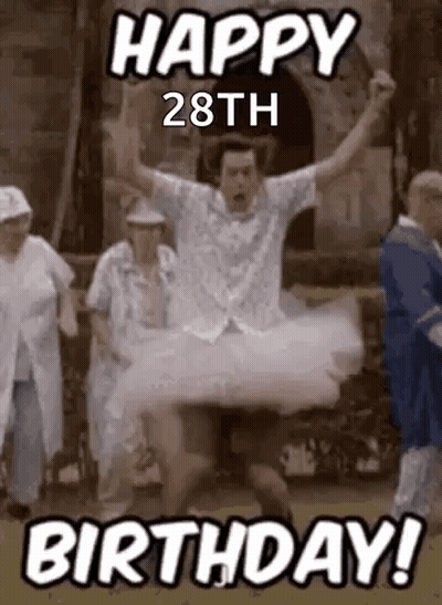 A Man In A Tutu Is Jumping In The Air While A Group Of People Celebrate His 28Th Birthday . GIF