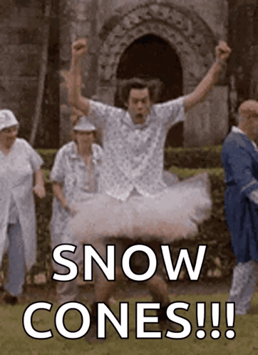 A Man In A Tutu Is Jumping In The Air With The Words " Snow Cones " Below Him GIF