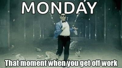 A Man In A Tuxedo And Bow Tie Is Dancing In A Room With The Words Monday That Moment When You Get Off Work . GIF