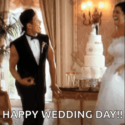 A Man In A Tuxedo Is Dancing Next To A Bride In A Wedding Dress With The Words Happy Wedding Day Written Below Him GIF