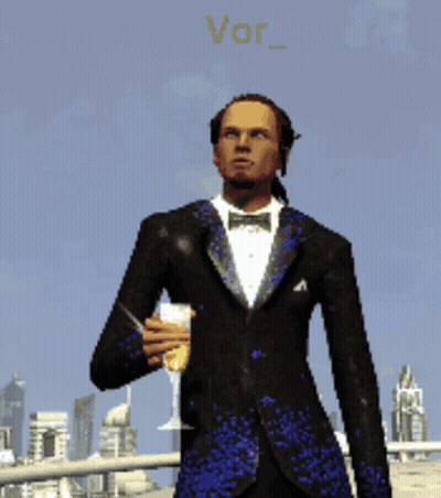 A Man In A Tuxedo Is Holding A Glass Of Champagne In Front Of A City Skyline GIF