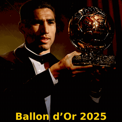 A Man In A Tuxedo Is Holding A Trophy That Says Ballon D' Or 2025 On The Bottom GIF