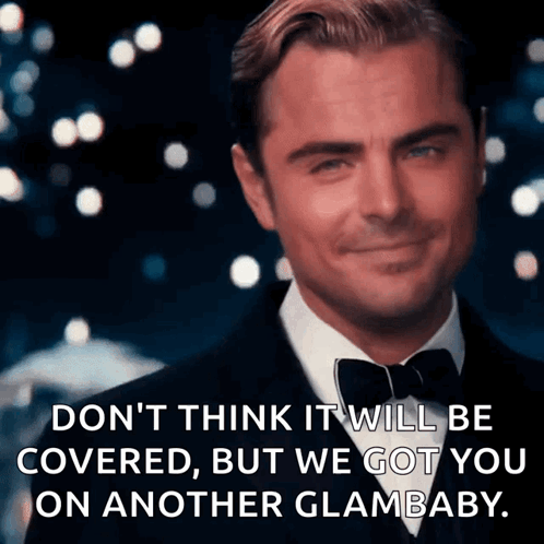 A Man In A Tuxedo Is Smiling And Says " Don 'T Think It Will Be Covered " GIF