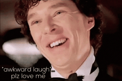 A Man In A Tuxedo Is Smiling With The Words `` Awkward Laugh , Plz Love Me '' . GIF