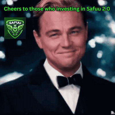 A Man In A Tuxedo Is Smiling With The Words Cheers To Those Who Investing In Safuu 2.0 GIF