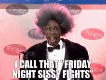 A Man In A Tuxedo Is Speaking Into A Microphone And Says I Call That Friday Night Sissy Fights GIF