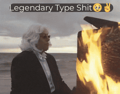 A Man In A Tuxedo Is Standing In Front Of A Fire With The Words " Legendary Type Shit " Above Him GIF