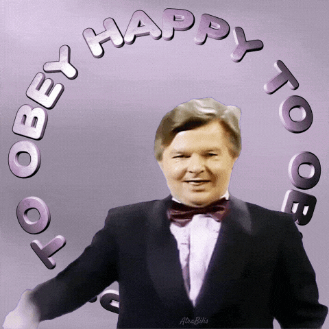 A Man In A Tuxedo Is Surrounded By The Words Obey Happy To Be GIF