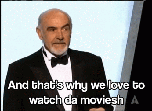 A Man In A Tuxedo Says " And That 'S Why We Love To Watch Da Moviesh " GIF