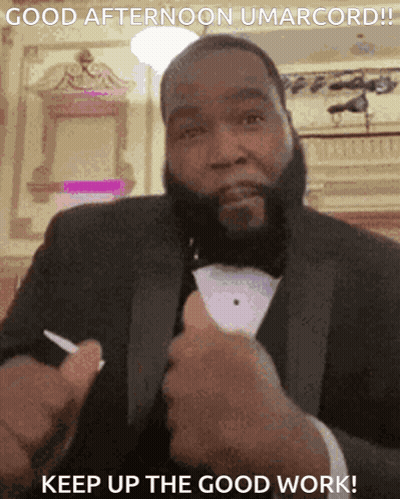 A Man In A Tuxedo Says Good Afternoon Umarcord Keep Up The Good Work GIF