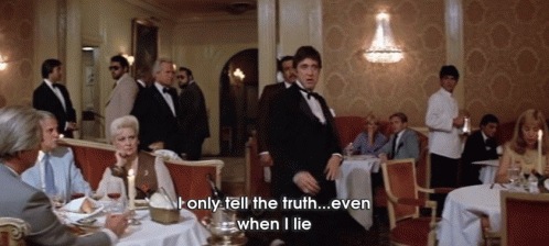 A Man In A Tuxedo Says " I Only Tell The Truth .... Even When I Lie " GIF