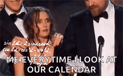 A Man In A Tuxedo Stands Next To A Woman And Says " Me Every Time I Look At Our Calendar GIF