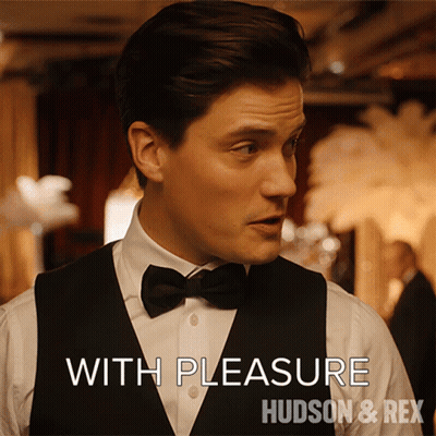 A Man In A Tuxedo With The Words With Pleasure Hudson & Rex On The Bottom GIF