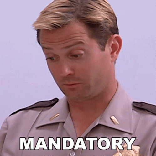 A Man In A Uniform Has The Word Mandatory Written On His Chest GIF