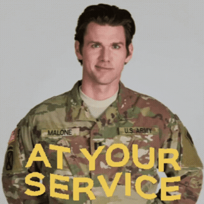 A Man In A Us Army Uniform With The Words At Your Service Behind Him GIF