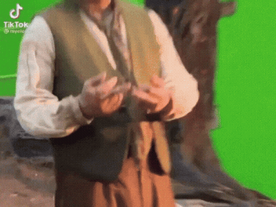 A Man In A Vest And Tie Is Standing In Front Of A Green Screen With His Hands Outstretched . GIF