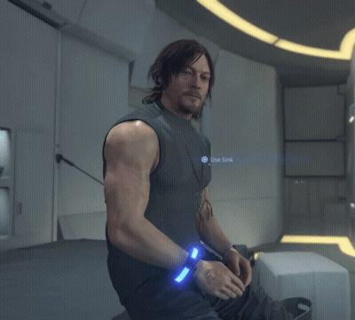 A Man In A Video Game Has A Button That Says Use Sink On It GIF