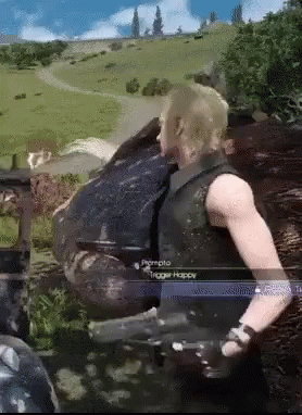 A Man In A Video Game Is Holding A Gun And Says Prompto Trigger Happy On The Screen GIF