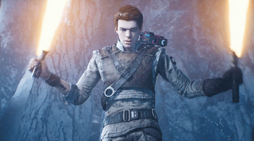 A Man In A Video Game Is Holding Two Lightsabers In Front Of A Blue Wall GIF
