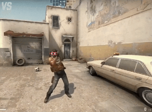 A Man In A Video Game Is Standing In Front Of A Building That Has A Sign That Says Tabac GIF