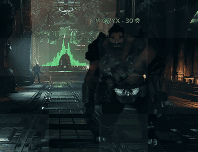 A Man In A Video Game Is Standing In Front Of A Screen That Says Oryx-30 GIF