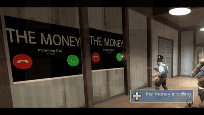 A Man In A Video Game Is Standing In Front Of A Sign That Says The Money Is Calling GIF