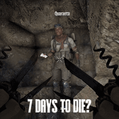 A Man In A Video Game Is Surrounded By Knives And The Words " 7 Days To Die " GIF