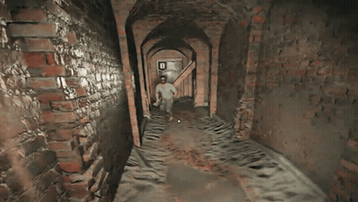 A Man In A Video Game Is Walking Through A Hallway With The Words Hello Chat Written On The Bottom GIF