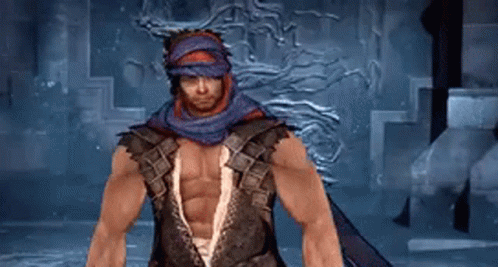 A Man In A Video Game Is Wearing A Blue Turban And A Sword . GIF