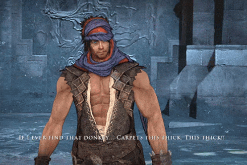 A Man In A Video Game Says " If I Ever Find That Donkey ... Carpets This Thick This Thick " GIF