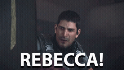 A Man In A Video Game Says Rebecca In White Letters GIF