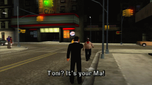 A Man In A Video Game Says Toni It 'S Your Ma While Walking Down A Street GIF