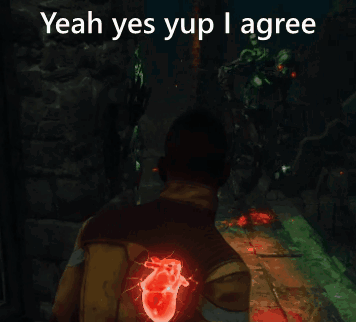 A Man In A Video Game With A Red Heart On His Back And The Words " Yeah Yes Yup I Agree " GIF