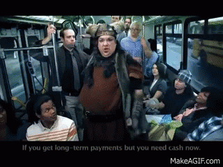 A Man In A Viking Costume Is On A Bus And Says " If You Get Long Term Payments But You Need Cash Now " GIF