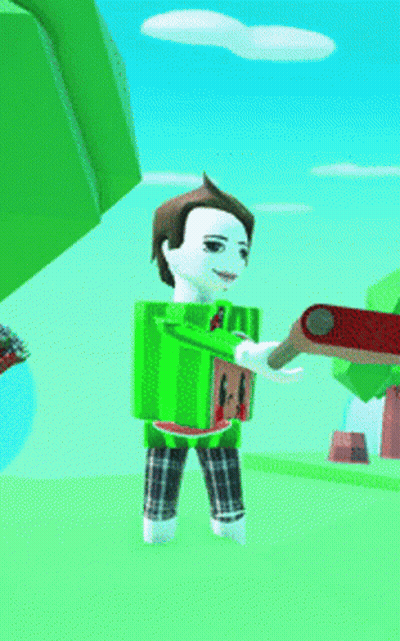 A Man In A Watermelon Costume Is Holding A Red Sword GIF