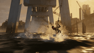 A Man In A Wet Suit Is Riding A Wave In A Video Game GIF