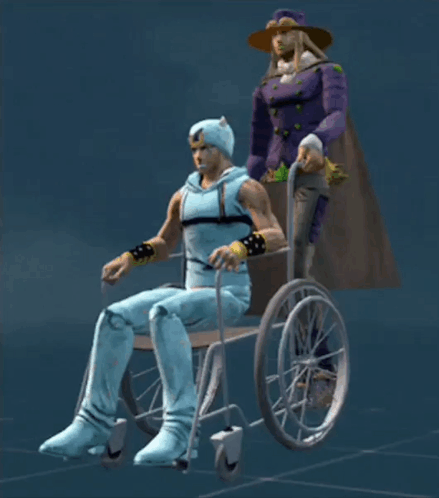 A Man In A Wheelchair Is Being Pushed By Another Man In A Purple Outfit GIF