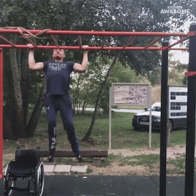 A Man In A Wheelchair Is Doing Pull Ups On A Bar GIF
