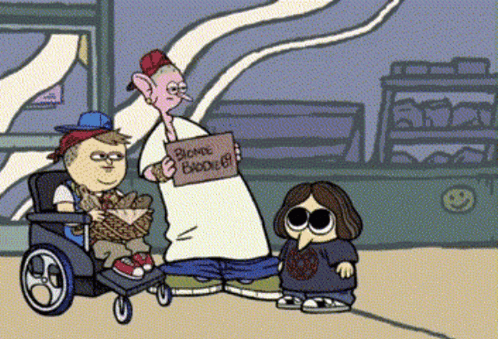 A Man In A Wheelchair Is Holding A Sign That Says Blonde Baddie GIF