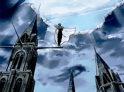 A Man In A White Cape Is Flying Through The Air Between Two Very Tall Buildings GIF
