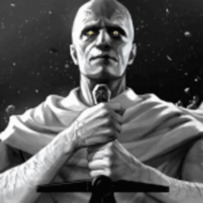 A Man In A White Cape Is Holding A Sword GIF