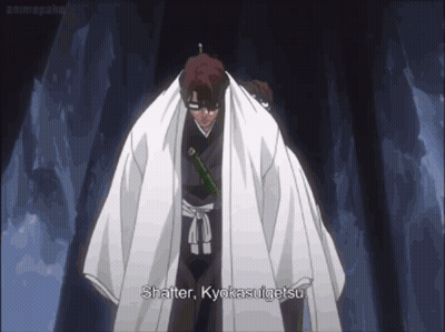 A Man In A White Cape Says Shatter Kyokasugietsu While Holding A Sword GIF