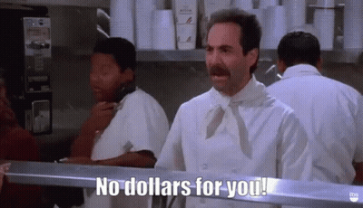 A Man In A White Chef 'S Uniform Says No Dollars For You . GIF