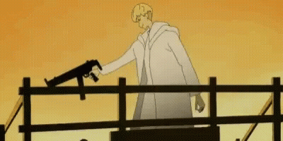 A Man In A White Coat Is Holding A Gun While Standing Next To A Girl . GIF