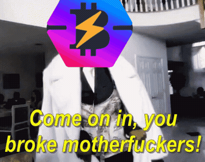A Man In A White Coat With The Words Come On In You Broke Motherfuckers Below Him GIF
