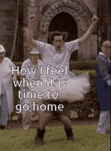 A Man In A White Dress Is Dancing In Front Of A Group Of People And Says How I Feel When It Is Time To Go Home GIF