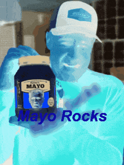 A Man In A White Hat Is Holding A Jar Of Mayo With The Words Mayo Rocks Below Him GIF
