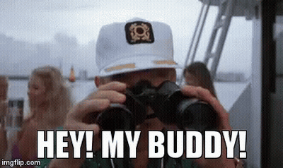 A Man In A White Hat Is Looking Through Binoculars With The Words Hey ! My Buddy Written Below Him . GIF