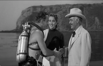 A Man In A White Hat Shakes Hands With A Scuba Diver And A Woman GIF