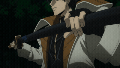 A Man In A White Jacket Is Holding A Large Sword GIF